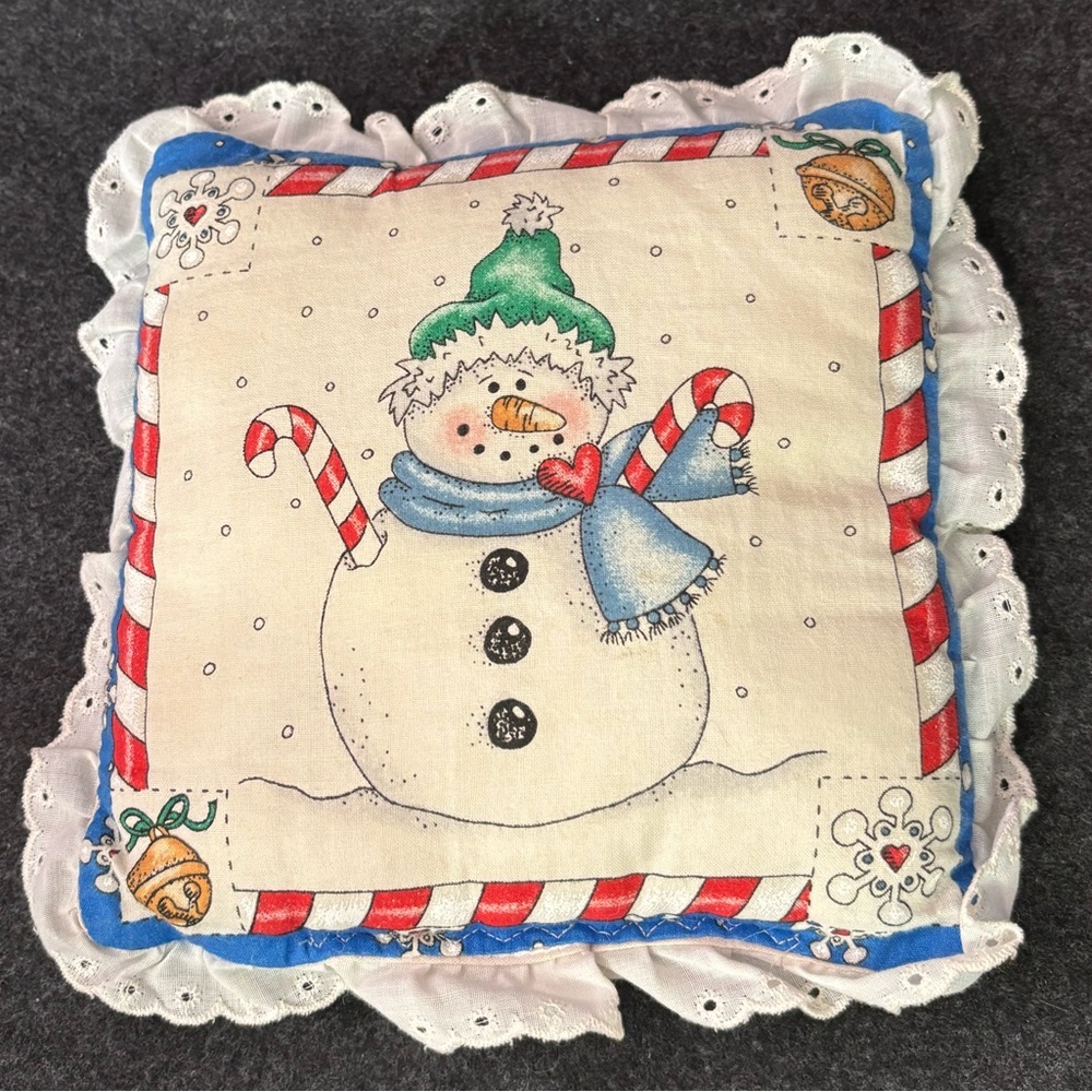 Small Holiday Snowman Pillow with Red, Blue and Green Accents